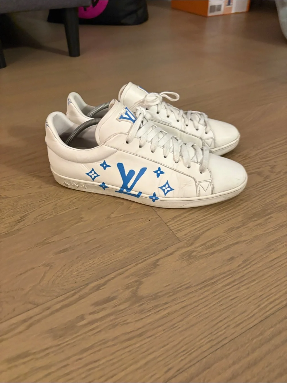 Louis Vuitton White Leather Sneakers with Blue LV Motif